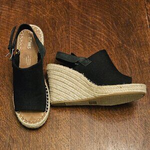 Tom's Black Wedge Espadrilles Monica Open Toe Platform 6.6